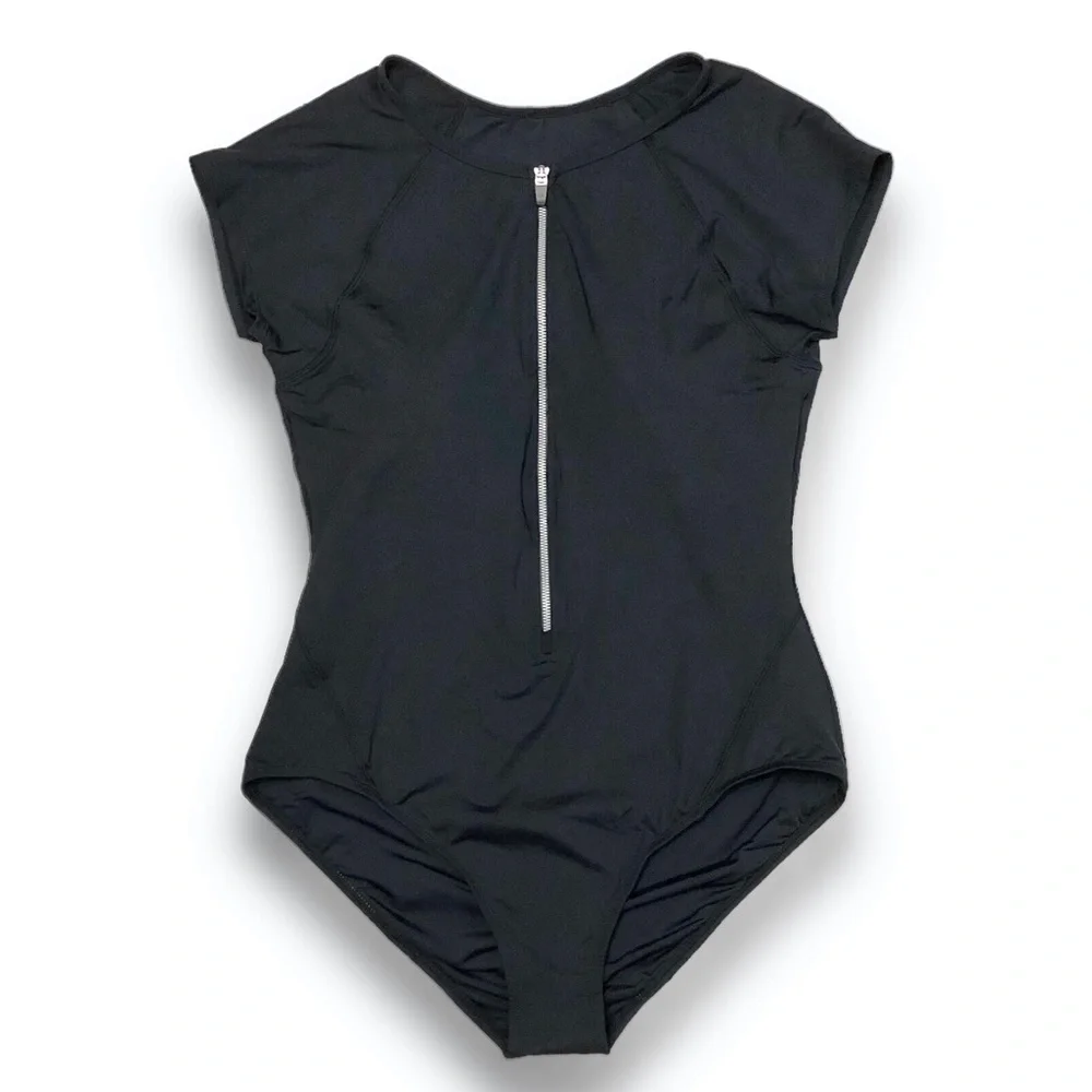 JANTZEN Black Cap Sleeve Sporty Zip Front Paddle-suit